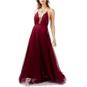 Topshop Lace Up Tulle Maxi Gown Dress Burgundy Red SZ 4